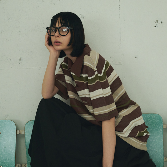 【Earthline 大地のライン】Oversized Border Polo Shirt オーバーサイズニットポロ
