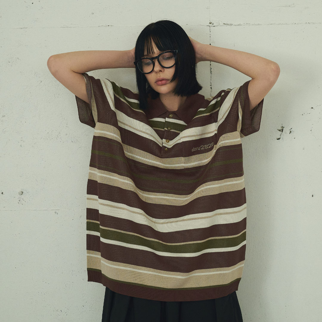 【Earthline 大地のライン】Oversized Border Polo Shirt オーバーサイズニットポロ