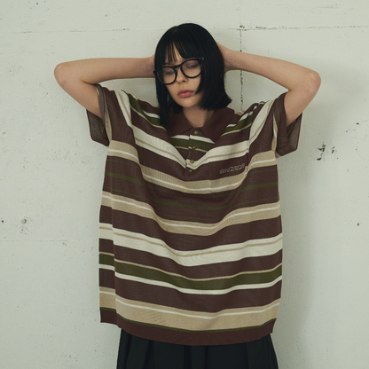 【Earthline 大地のライン】Oversized Border Polo Shirt オーバーサイズニットポロ