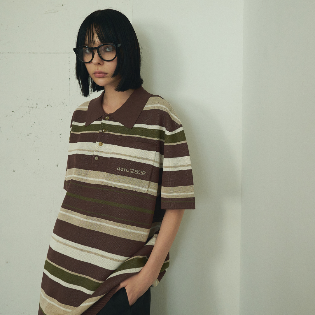 【Earthline 大地のライン】Oversized Border Polo Shirt オーバーサイズニットポロ
