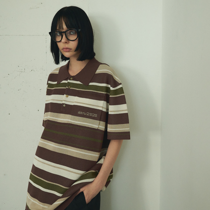【Earthline 大地のライン】Oversized Border Polo Shirt オーバーサイズニットポロ