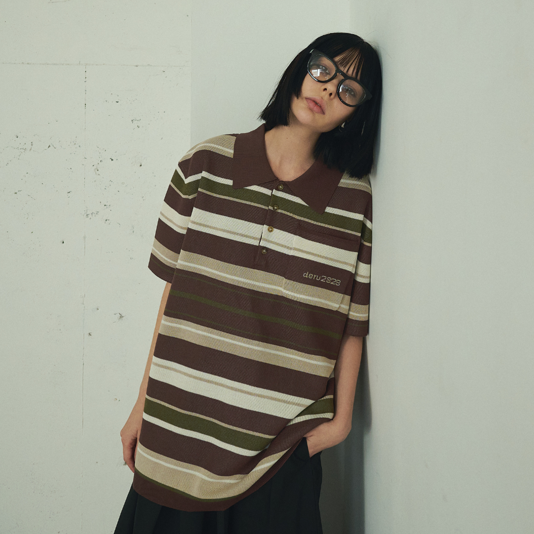 【Earthline 大地のライン】Oversized Border Polo Shirt オーバーサイズニットポロ