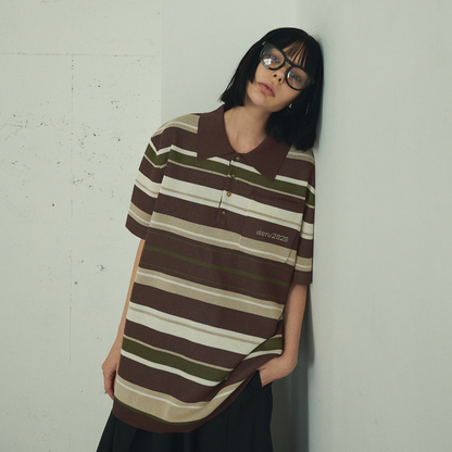 【Earthline 大地のライン】Oversized Border Polo Shirt オーバーサイズニットポロ