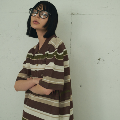 【Earthline 大地のライン】Oversized Border Polo Shirt オーバーサイズニットポロ