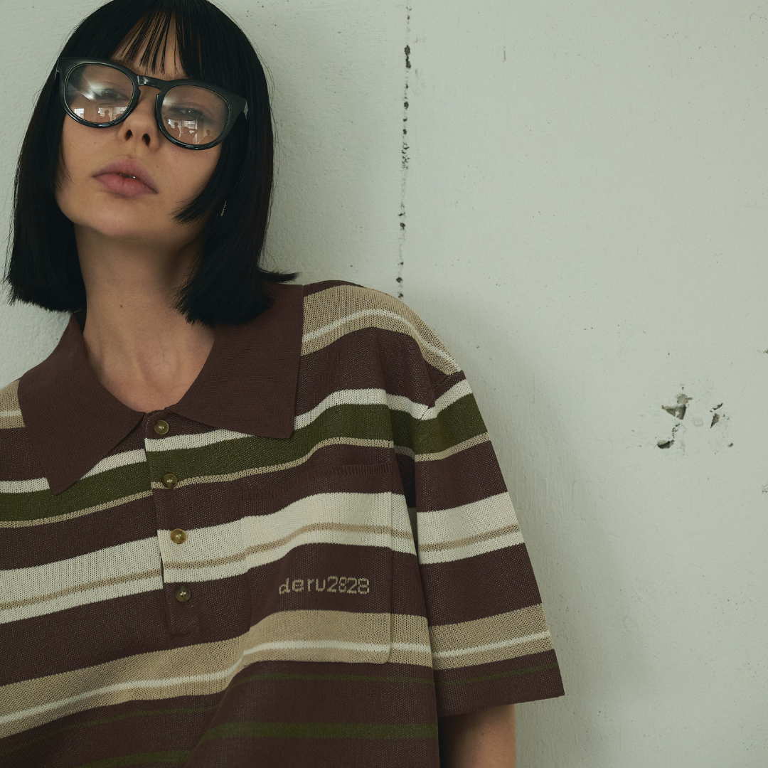 【Earthline 大地のライン】Oversized Border Polo Shirt オーバーサイズニットポロ