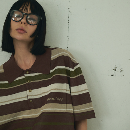 【Earthline 大地のライン】Oversized Border Polo Shirt オーバーサイズニットポロ