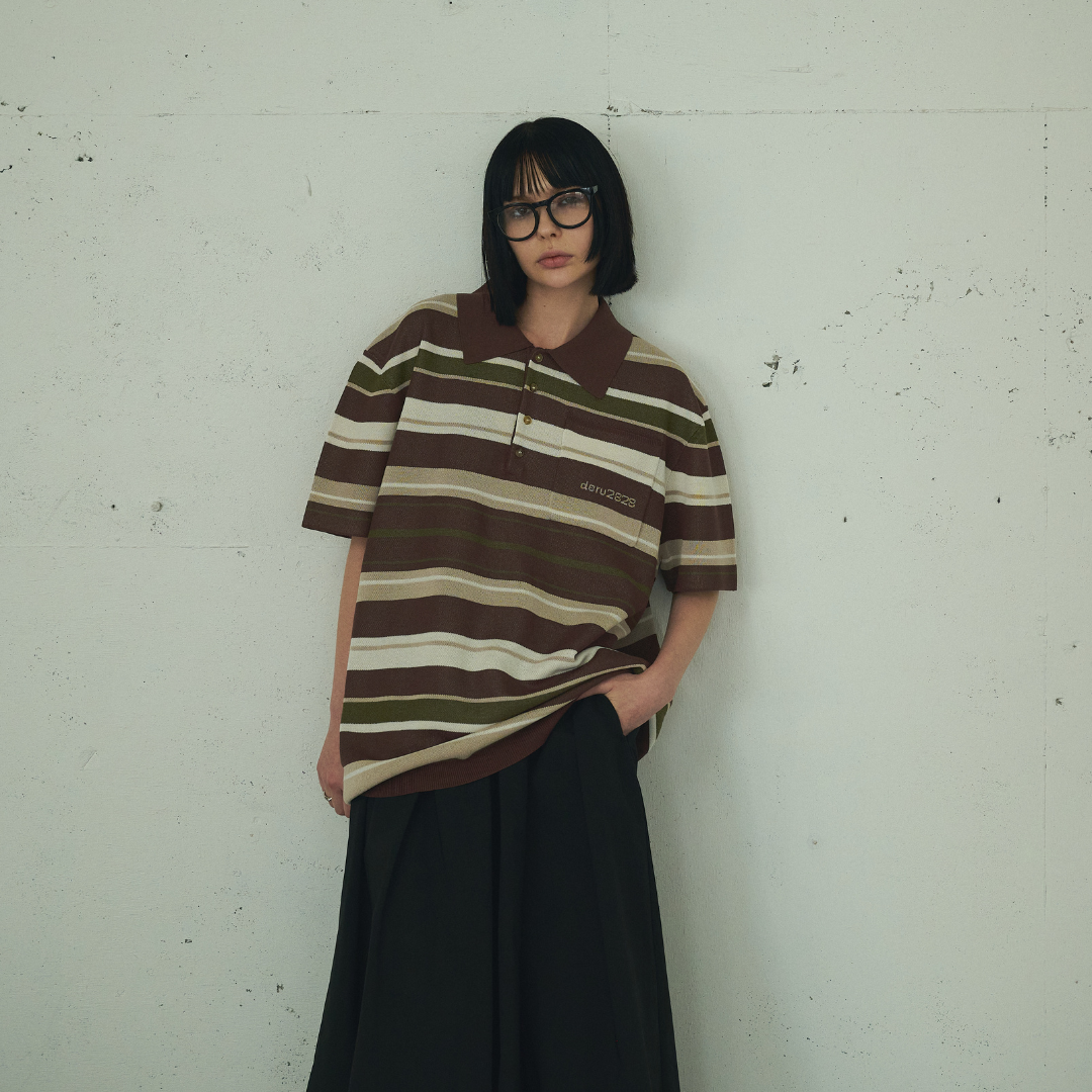 【Earthline 大地のライン】Oversized Border Polo Shirt オーバーサイズニットポロ